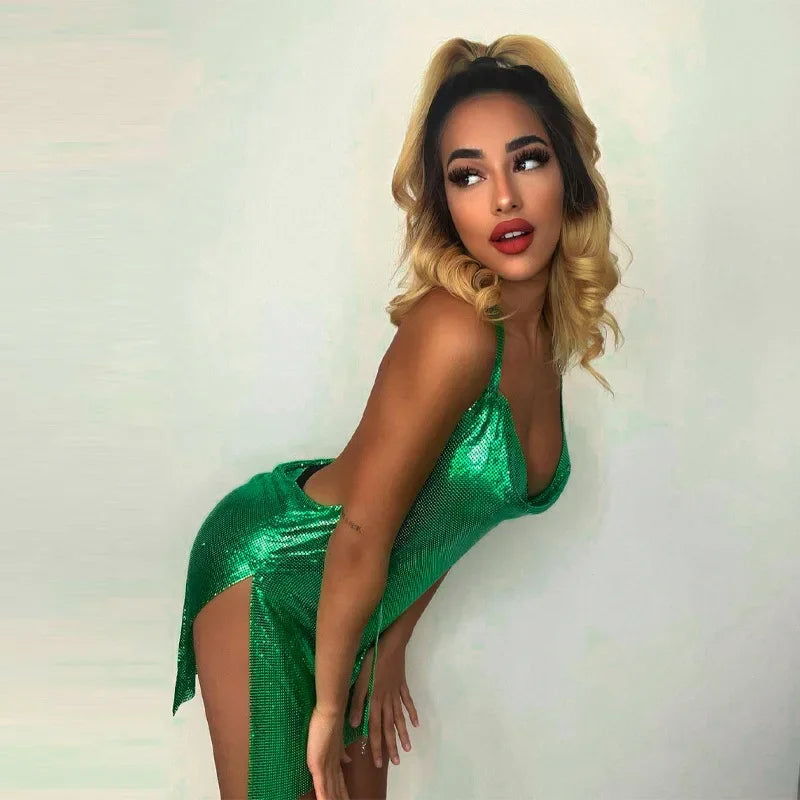 Metallic Backless Sequin Spaghetti Strap Club Party Mini Dress