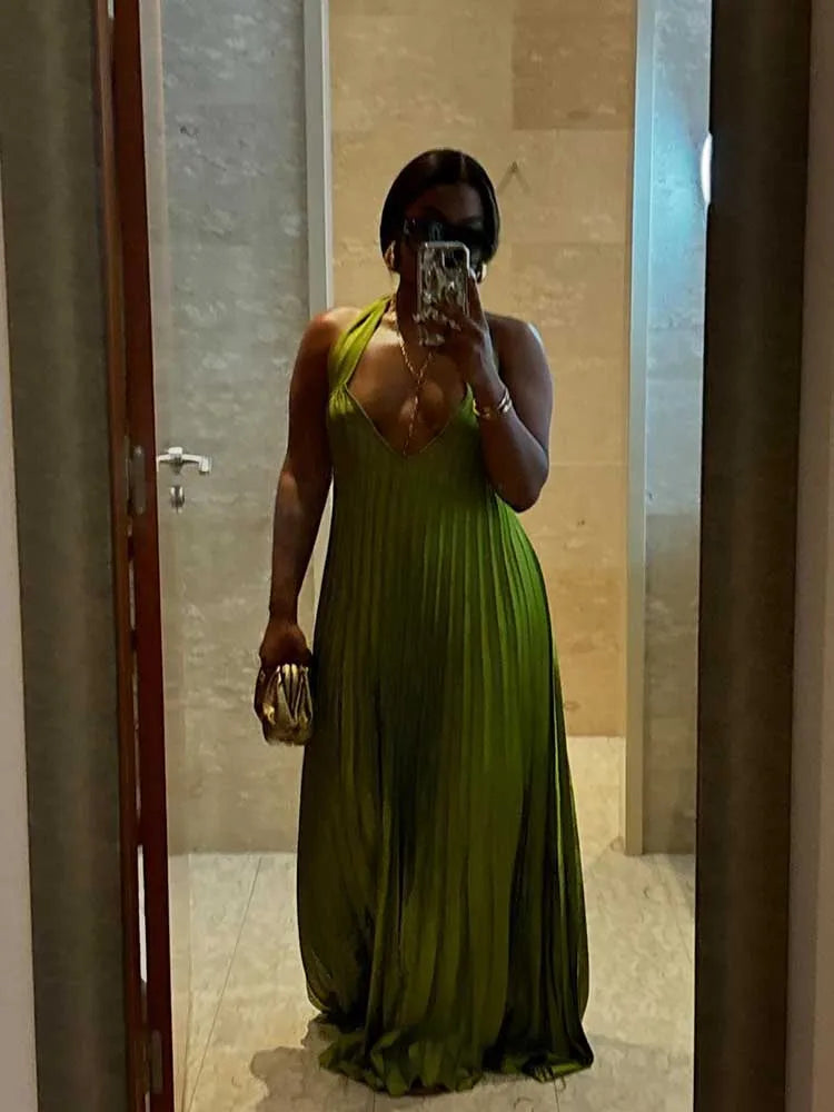Lime Green Pleated Deep V-Neck Hollow-Out Halter Neck Backless Formal Maxi Dress