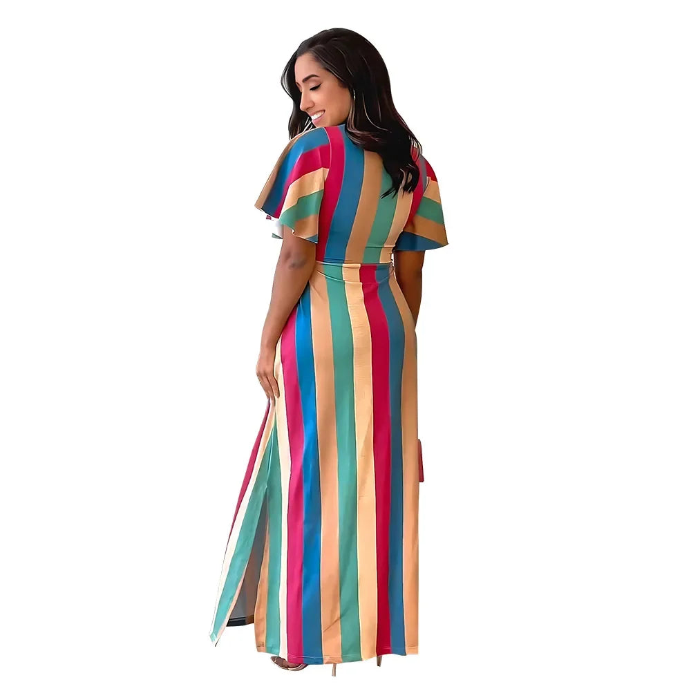 Rainbow Striped Hollow-Out Short Butterfly Sleeve Lace-Up Maxi Dress