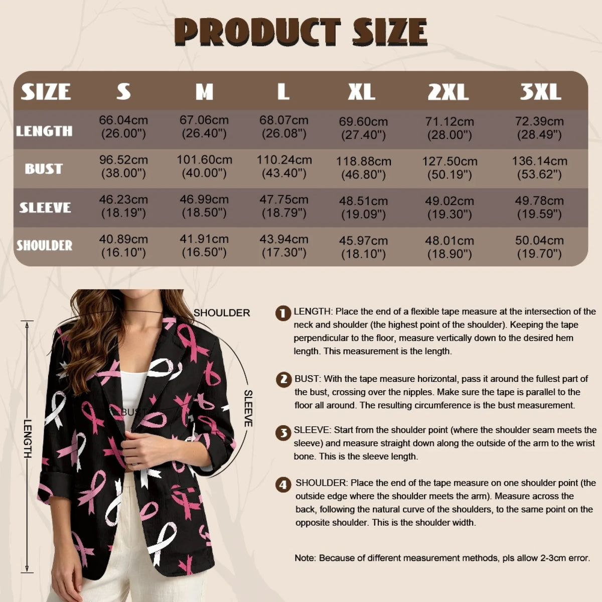 Breast Cancer Ribbon Print Linen Women's Open Front Blazer Jacket to 3X Plus Size