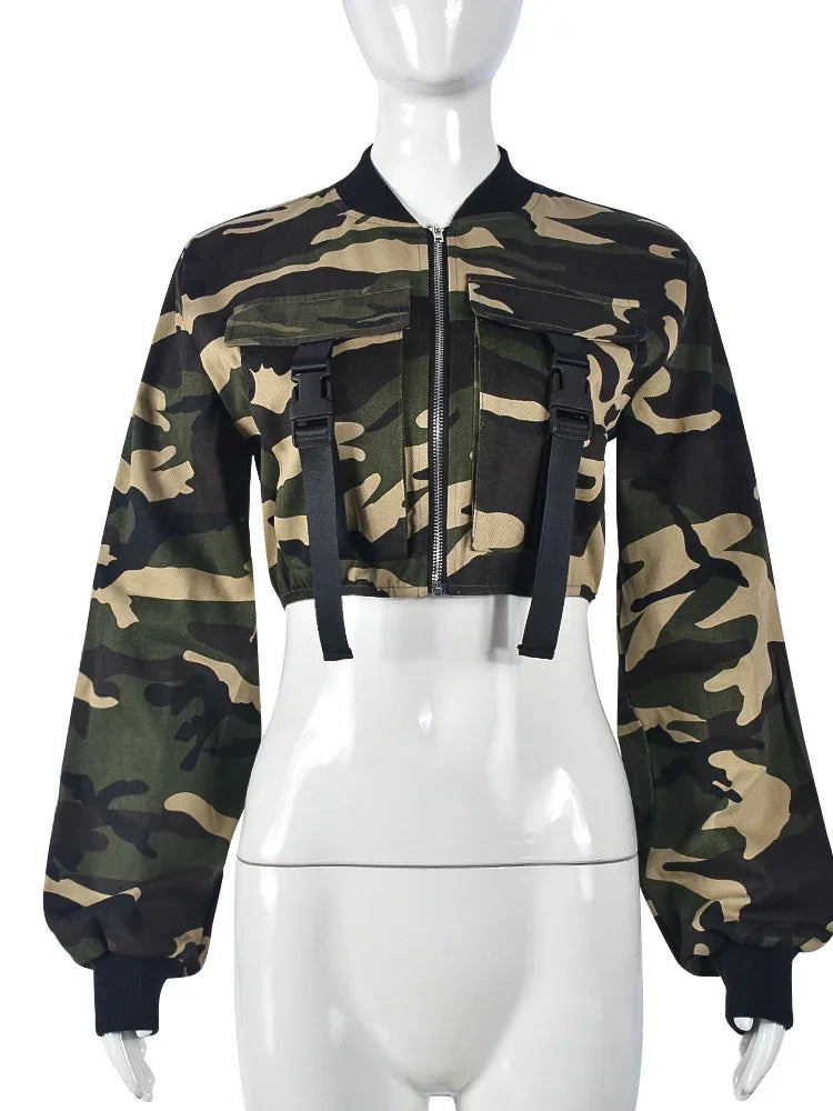 Camouflage Long Sleeve Women's Cropped Zipper Bomber Cargo Jacket + Colorblock Flared Leggings 2-Piece Set to 3x Plus Size