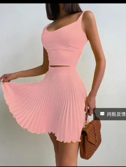 Floral/Colorblock Striped/Solid Women's Camisole Sleeveless Crop Cami Top + Pleated Midi Skirt 2-Piece Set