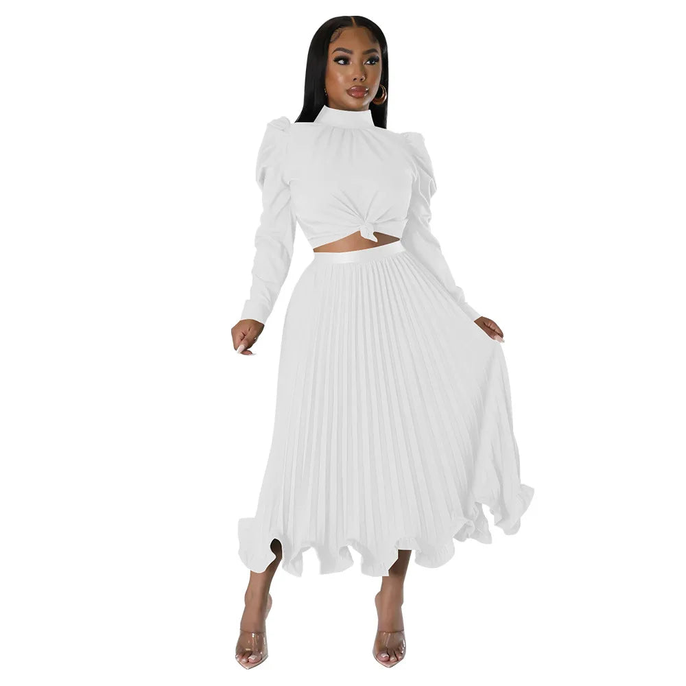 Women’s Solid Color O-Neck Lantern Sleeve Blouse + A-Line Flounce Formal Pleated Maxi Skirt w/ Sash Belt 2-Piece Set