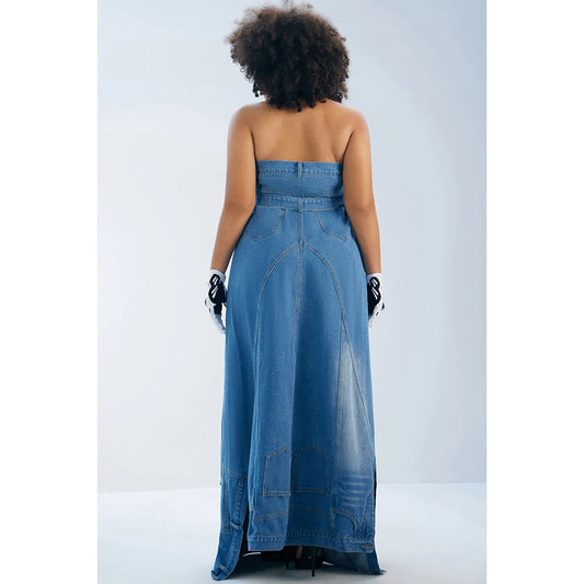 Denim Blue Washed Tube Design Off-the-Shoulder Retro Solid Color Belted Maxi Jean Dress to 4X Plus Size