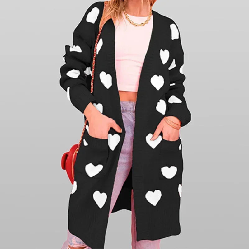 Heart Print Women's Knitted Long Sleeve Maxi Cardigan Sweater