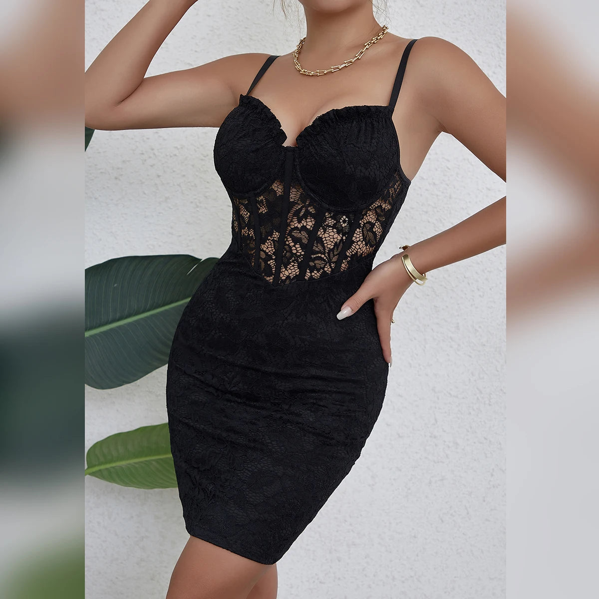 Lace Floral Black Spaghetti Strap Sleeveless Backless Hollow-Out Mesh V-Neck Bodycon Mini Formal Dress