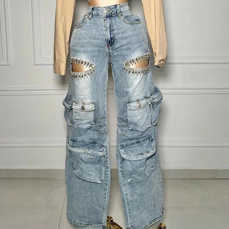 Denim Rhinestone Tassel Fringe Hollow-Out Design High Waist Women's Skinny Cargo Jeans