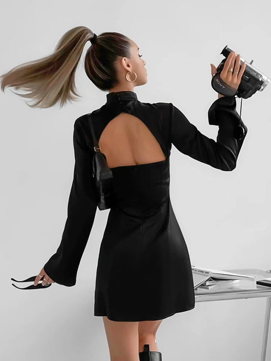 Black Satin Flare Sleeve Backless High Slit Stand Collar Mini Dress