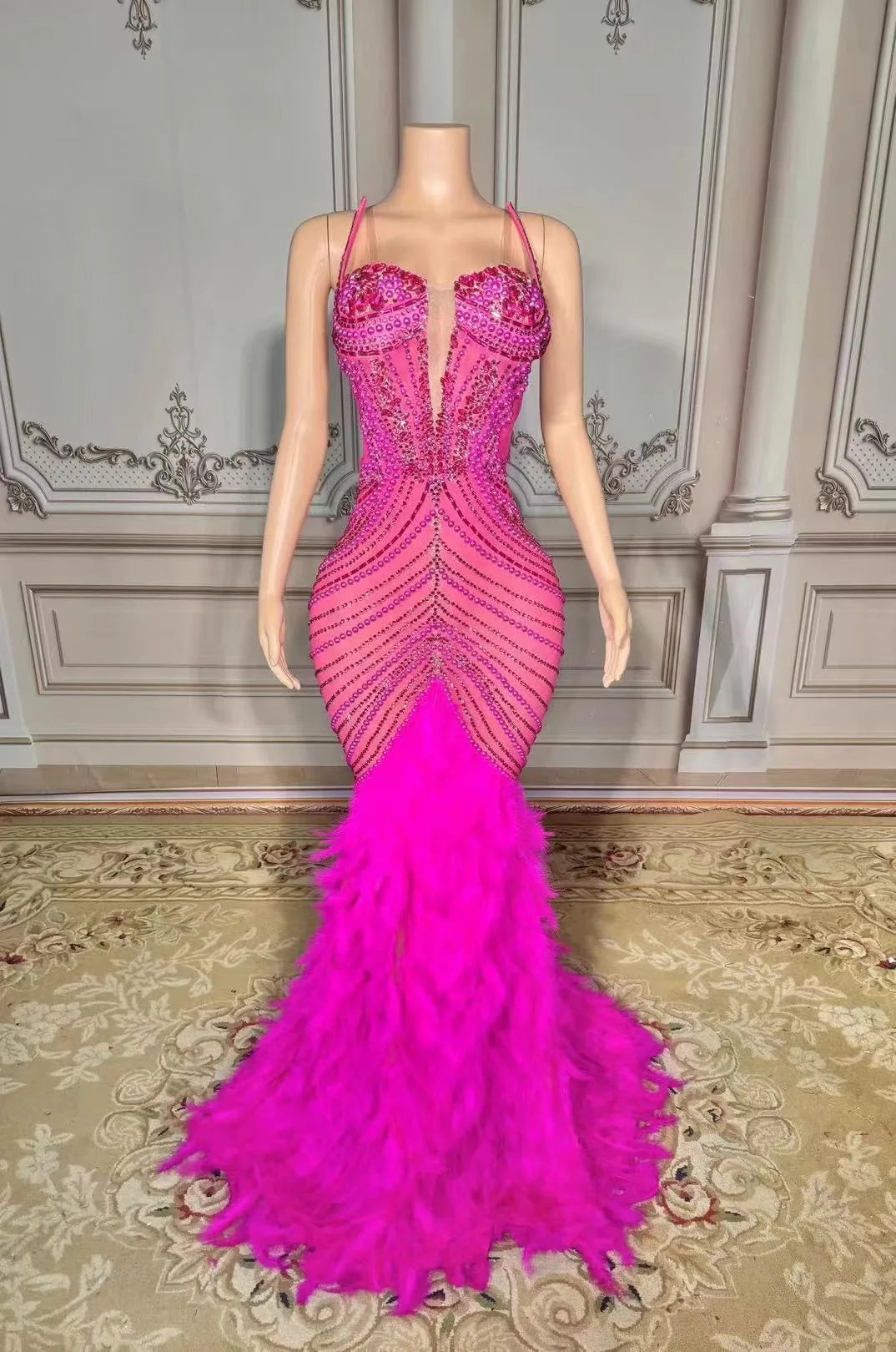 Sparkling Metallic Rhinestone Pearl Feather Detail Sleeveless Floor-length Party/Prom Formal Maxi Dress to 4X Plus Size