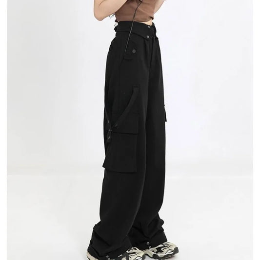 Vintage Hollow Stripe Long Sleeved Knitwear+ Tassel Strap Detail Sling Vest + Cargo Pants Women's 2-Piece Set