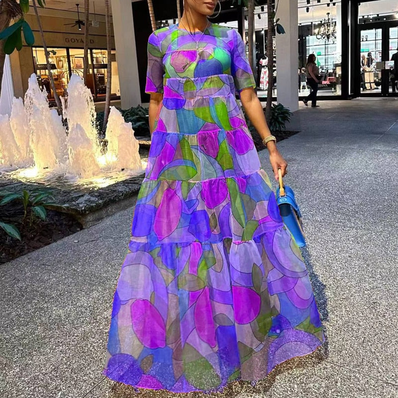 Geometric Floral Pattern Short Sleeve High Waisted Maxi Dress