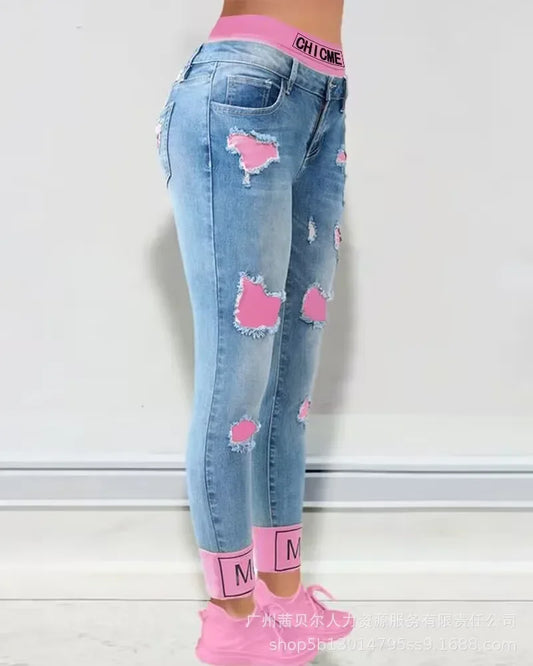Denim Cut-Out Patchwork Ripped Heart Design Women's Ankle Length High Waist Jeans