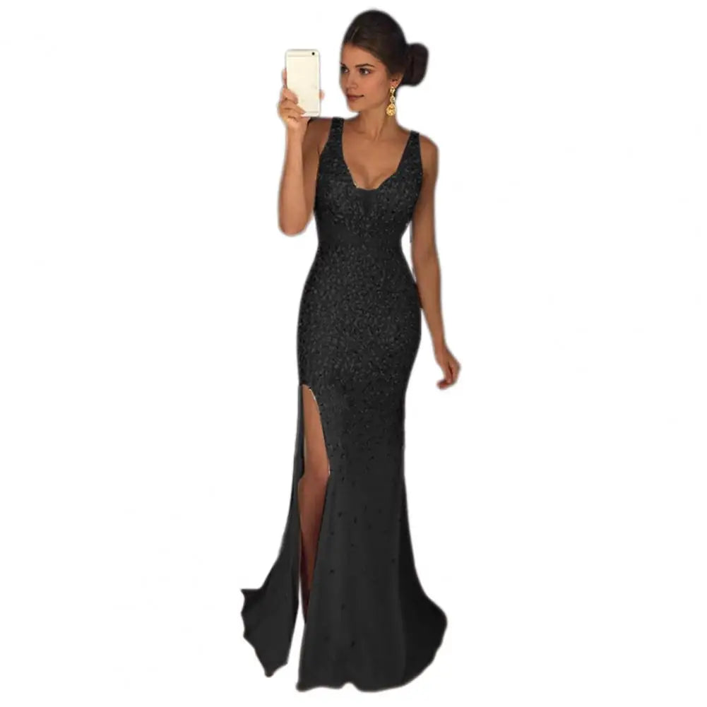 Sparkling Metallic Mesh Patchwork Sequin Sleeveless Split Hem Mermaid High Side Slit Maxi Formal Party/Prom Dress