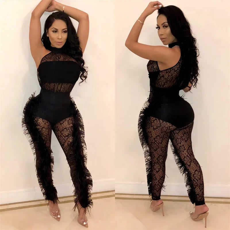 Halter Backless Sleeveless Floral Mesh Transparent Women's Pants Jumpsuit