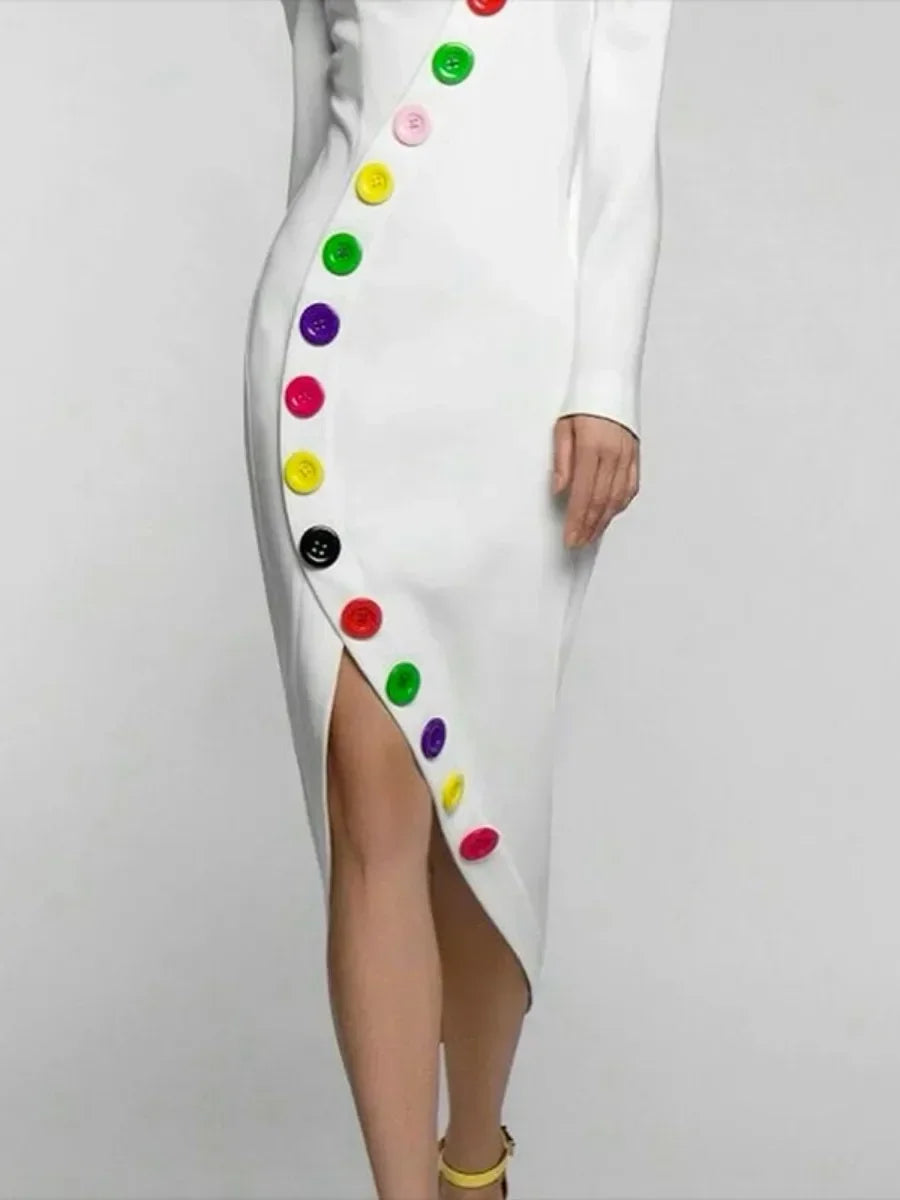 Turtleneck White Rainbow Colored Asymmetrical Button Design Long Sleeve Diagonal Slit Midi Dress