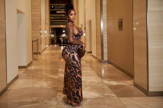 Leopard Print Backless Skinny Halter Neck Hollow-Out Skinny Maxi Dress