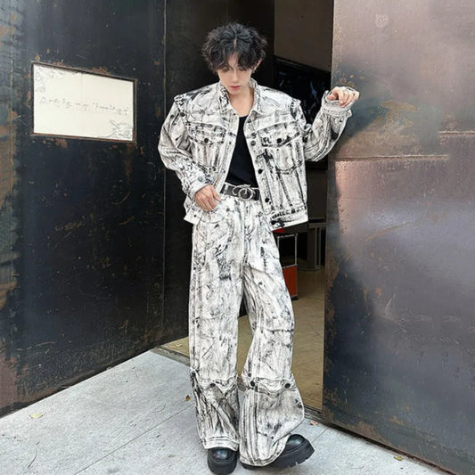 Men's White/Black Tie-Dye Print High Street Denim Pocket Design Jean Jacket + Wide Leg Cargo Jeans 2-Piece Set