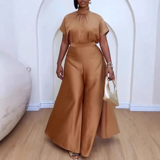 Satin Rear Big Bow Design O-Neck Short Sleeve Turtleneck Top + Oversized Wide Leg Pants Women's 2-Piece Set to 3X Plus Size