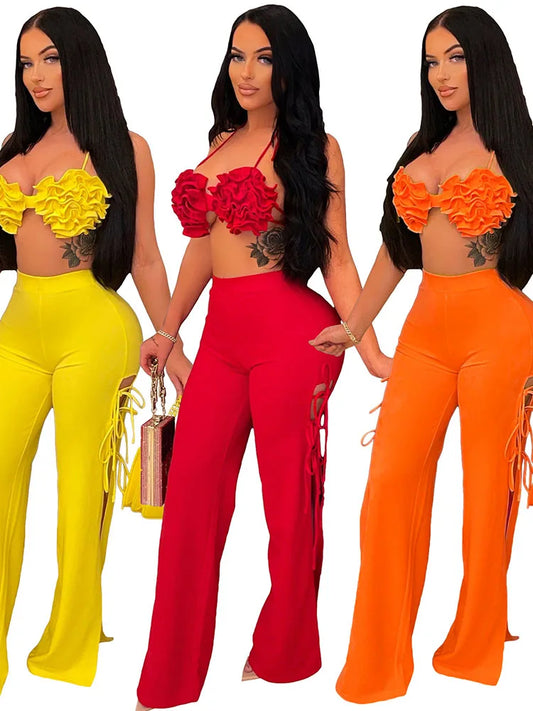 Big Flower Embroidered Bikini Top + Bowknot Decor High Side Slit Lace-Up Wide Leg Pants 2-Piece Set