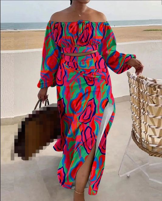 Off-the-Shoulder Geometric/Colorblock/Floral/Abstract/Solid Printed Crop Top + High Slit Maxi Skirt 2-Piece Set to 3X Plus Size