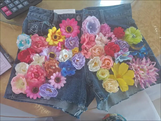 Denim Handmade 3D Flowers Sequined Embroidered Women's Jean Shorts to 3X Plus Size