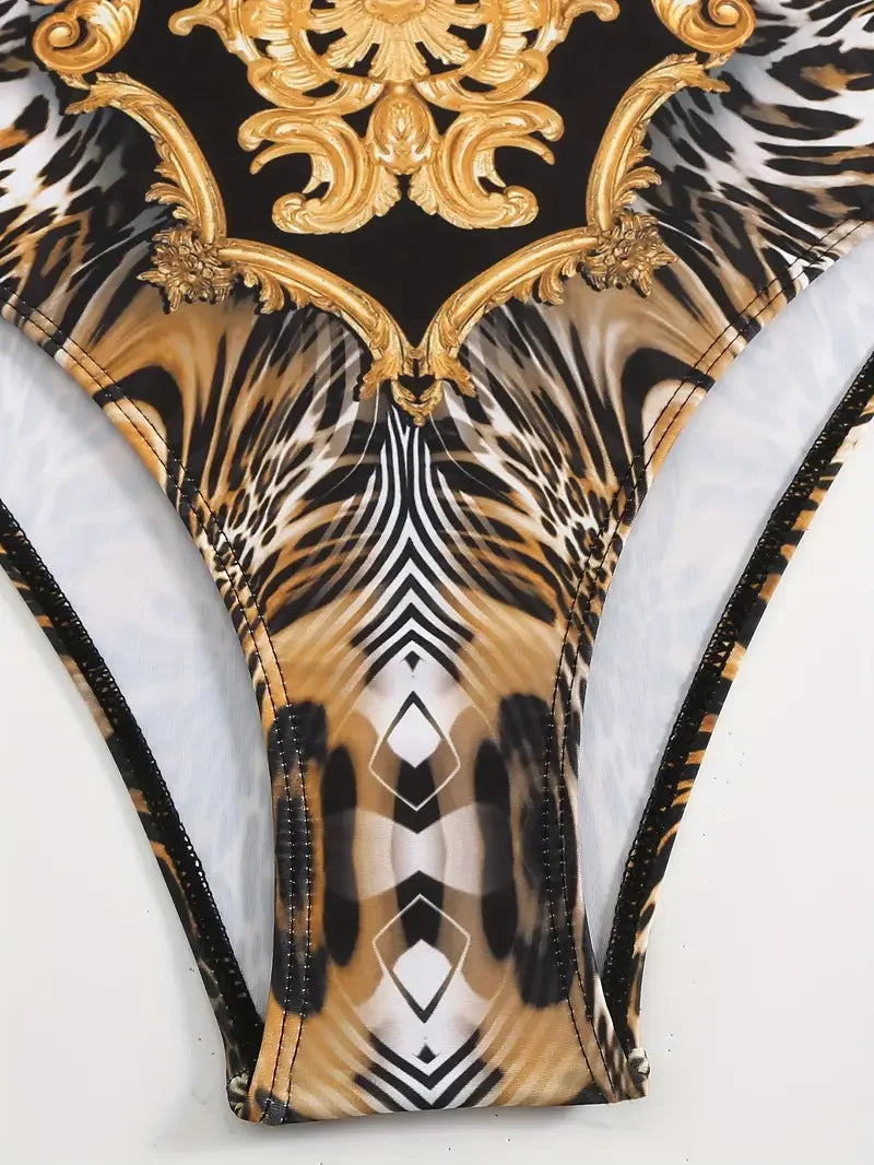 Leopard Zebra Baroque Print V-Neck Women's One-Piece Swimsuit & Matching Cover-Up Sarong Skirt