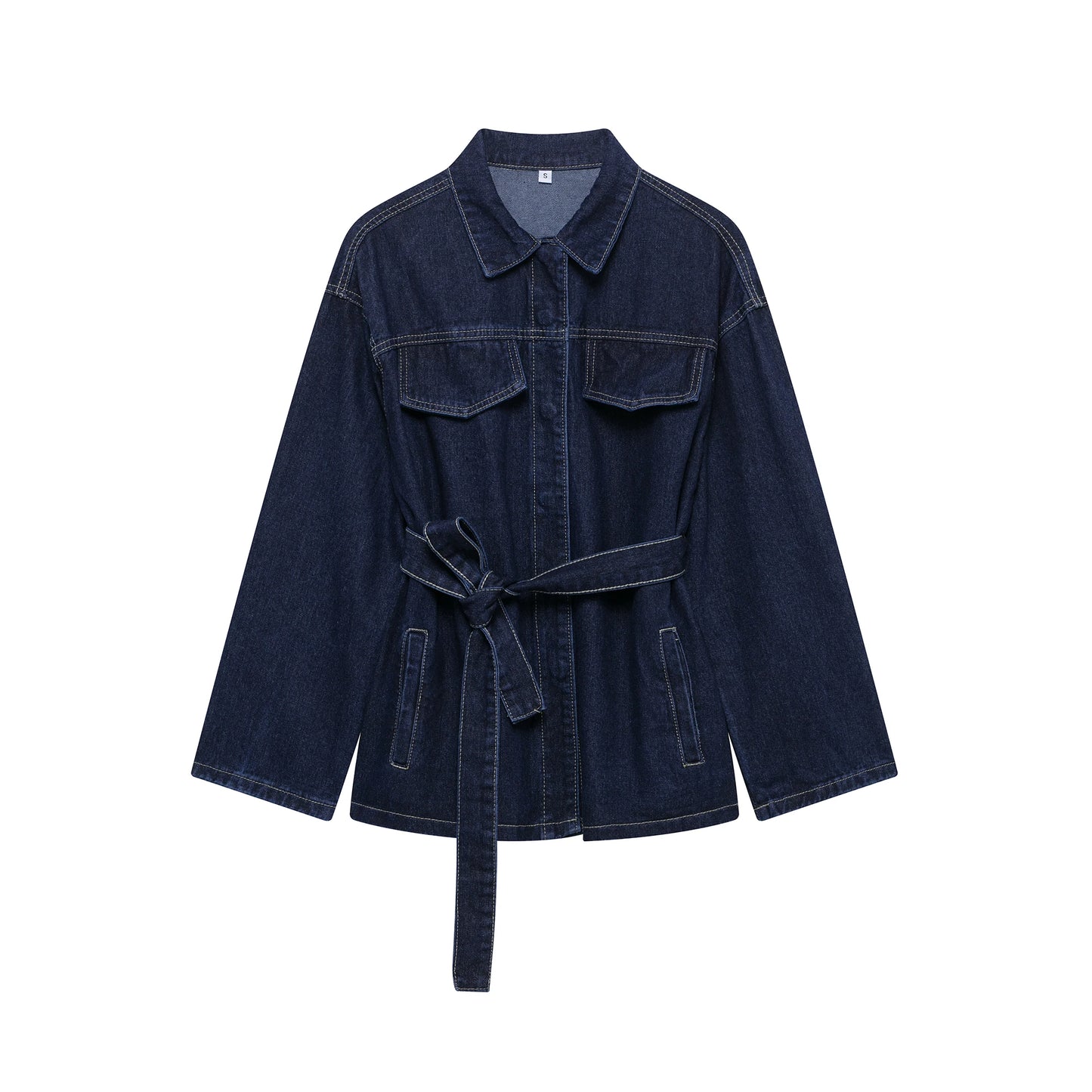 Denim Dark Blue Turn-Down Collar Women's Sash Belted Jean Jacket + Matching Jeans Pants 2-Piece Set