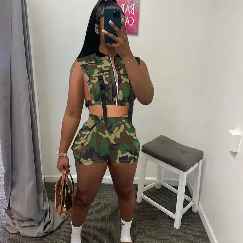 Camoflauge Print Hanging Strap Design Sleeveless Pocketed Zipper Cropped Vest + Matching Mini Cargo Shorts 2-Piece Set