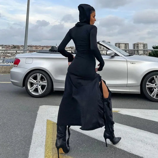 Tassel Fringe Detail Ruffled Ribbon V-Neck Long Sleeve High Slit Bodycon Maxi Hoodie Dress