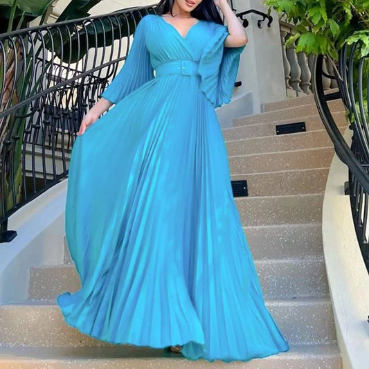 Pleated V-Neck Solid Color Long Sleeve Loose Flared Formal Maxi Dress w/ Belt to 3X Plus Size