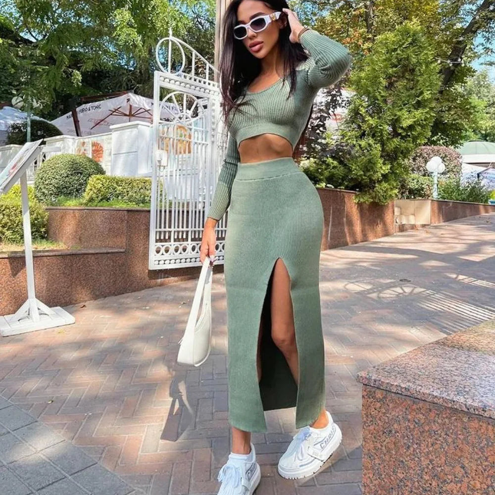 Ribbed Solid Long Sleeve V-Neck Cropped Sweater + High Slit Maxi Skirt Women's 2-Piece Set