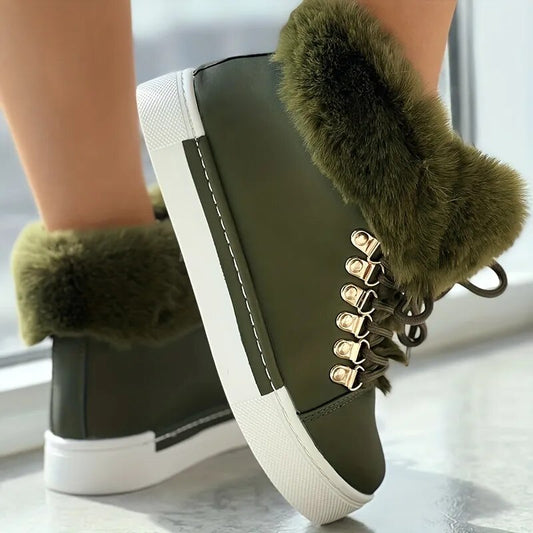 Velvet Furry Solid Lace-Up Hightop Round Toe Ankle Snowboots