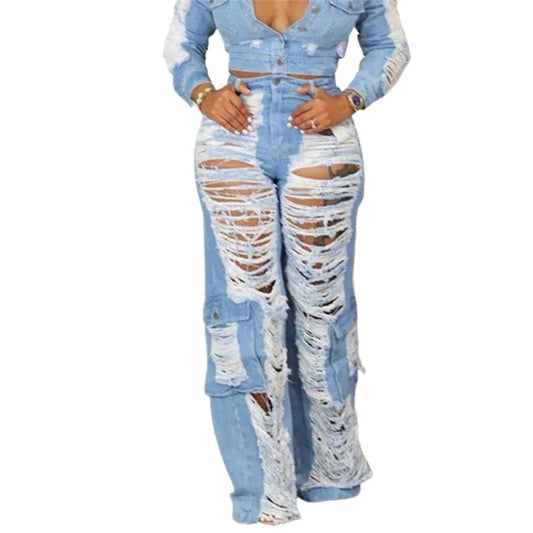 Denim Faded Ripped Hollow-Out Patchwork Design Pocketed High Waist Women's Jeans