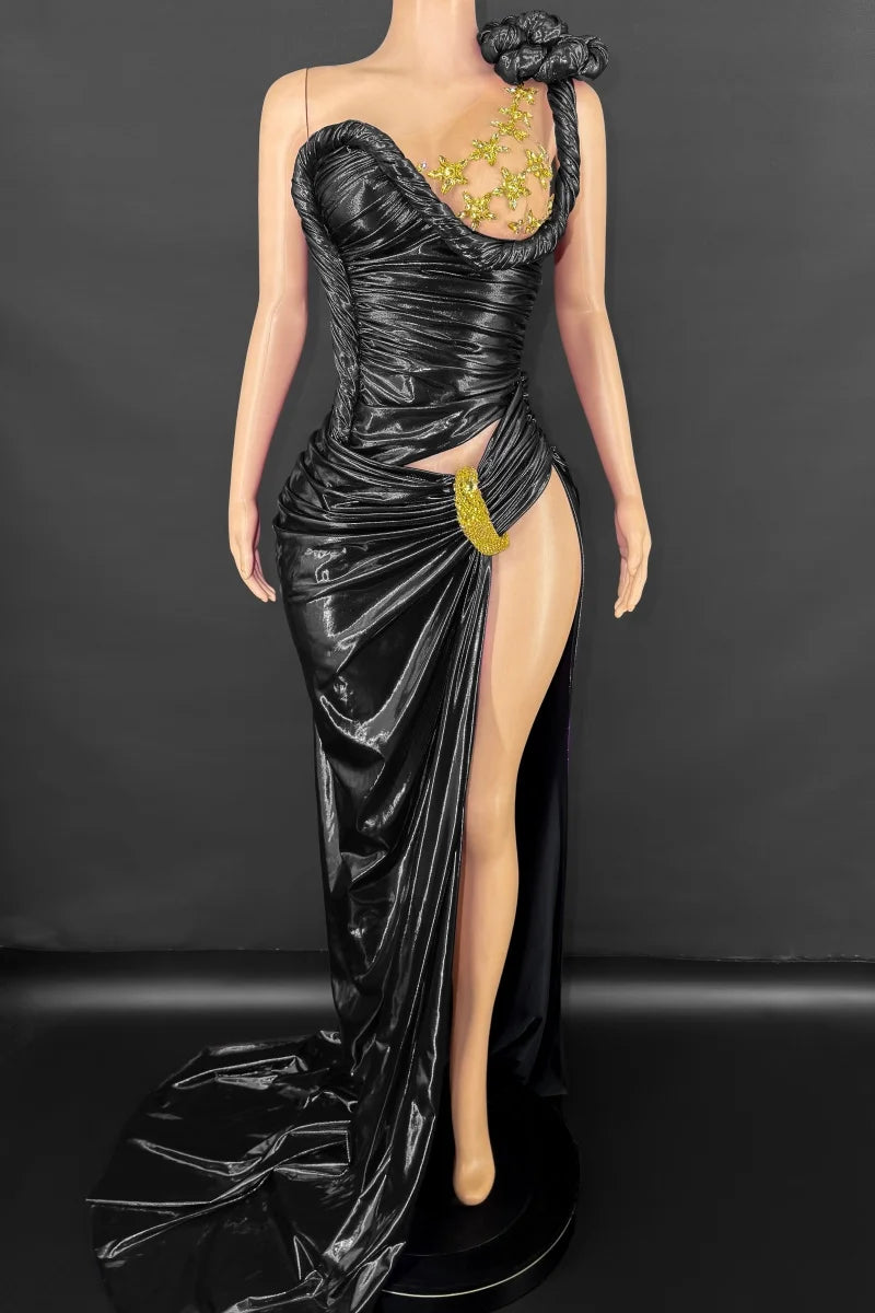 Irregular Sleeveless Ruched Faux Leather Rhinestone Asymmetrical Sexy One Sleeve High Slit Floor-Length Maxi Bodycon Formal Party/Prom Dress