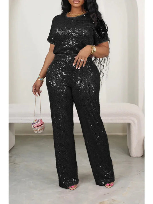 Sequin Solid Short Sleeved Top + Elastic Waist Wide Leg Pants Sequin 2-Piece Set to 3X Plus Size