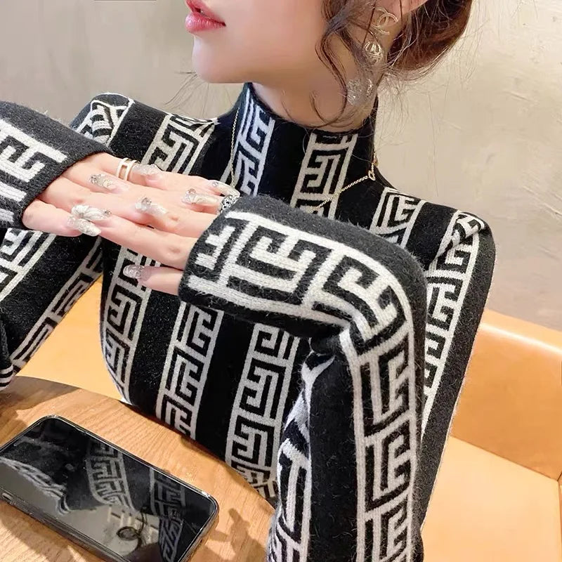 Vintage Geometric Print Turtleneck Long Sleeve Women's Sweater
