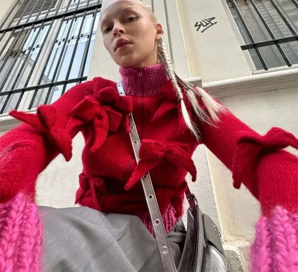 Bowknot Spliced Patchwork Long Sleeve Women's Zipper Cardigan Sweater