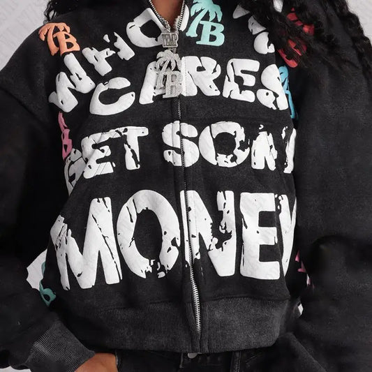 Retro "Who Cares Get Some Money" 3D Letter Print Graphic Streetwear Zipper Hoodie Sweatshirt