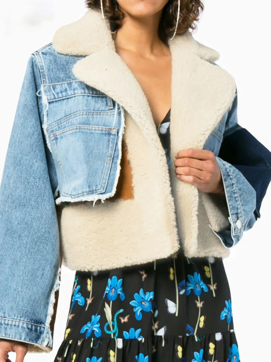 Spliced Denim Leather Patchwork Fleece Wool Lined Turn Down Collar Women's Cropped Jean Jacket