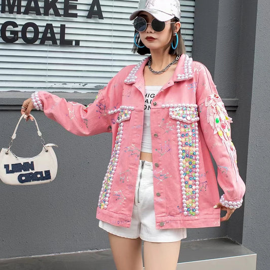 Denim Pearl Sequin Crystal Embellished Women's Loose Long Sleeved Jean Jacket