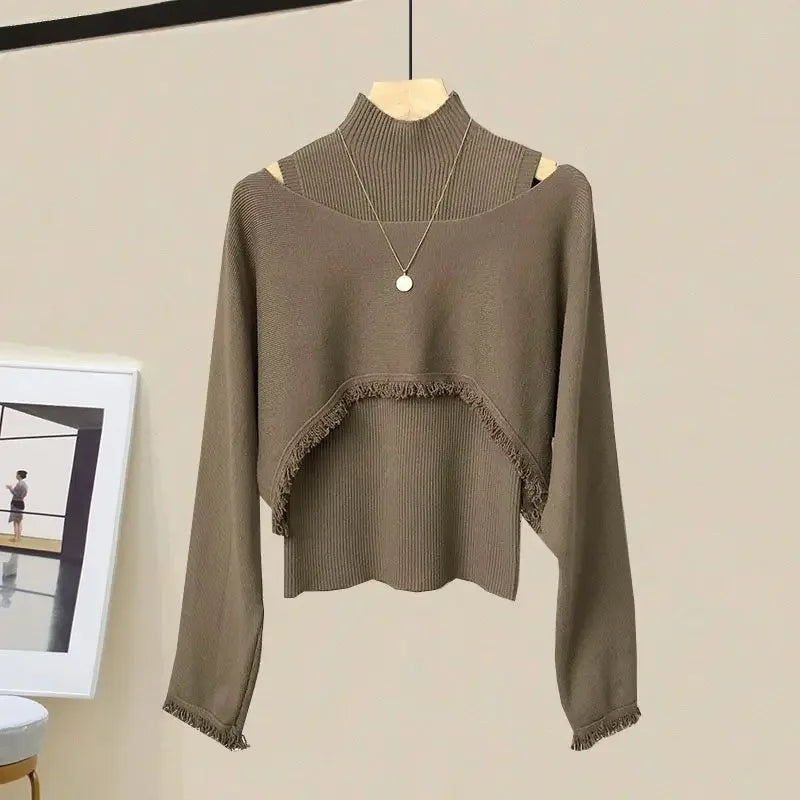 Solid Knitted Long Sleeve Cropped Sweater w/ Vest + Black/Grey Gradient Colorblock Denim Jeans Women's 2-Piece Set