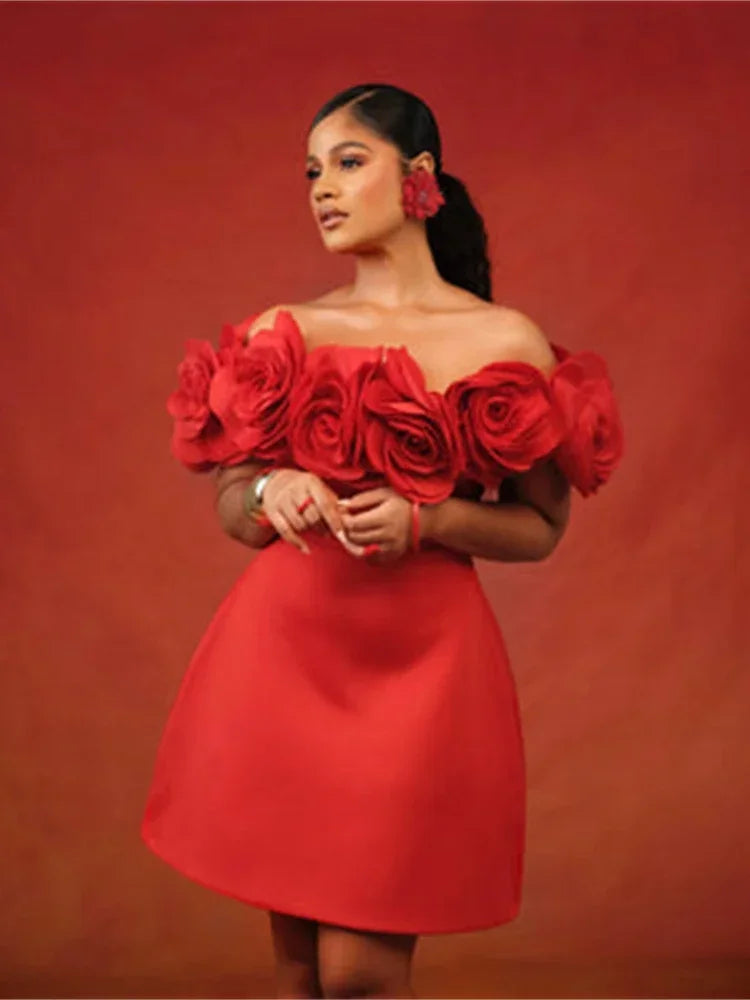 3D Rose Flower Detail Pleated High Waist A-Line Mini Formal Party Dress