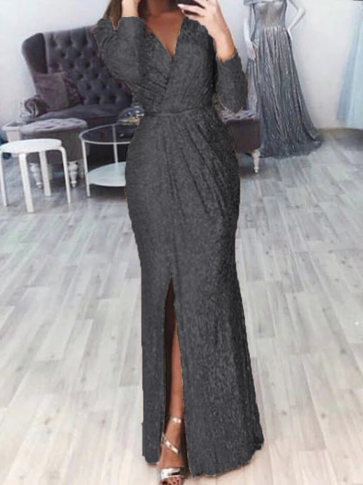 Ruched Glitter Sparkling Print High Slit Solid Color Long Sleeve Evening Deep V-Neck Formal Maxi Party/Prom Dress to 3X Plus Size