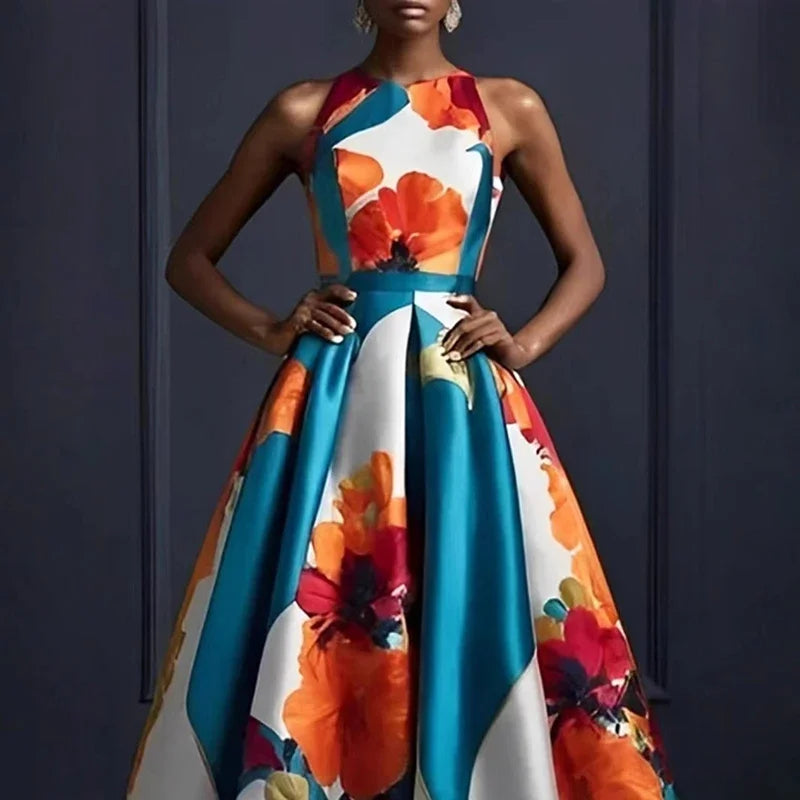 Luxury Floral Print Satin Evening Dresses Woman Elegant O Neck High Waist Long Dress Summer Sleeveless Hem Boho Dress