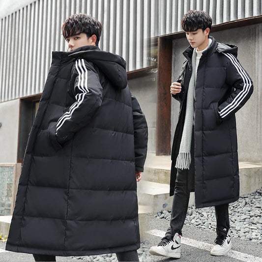 Men's Side Striped Solid Color Puffer Loose Windproof Cotton Padded Down Hooded Trenchcoat