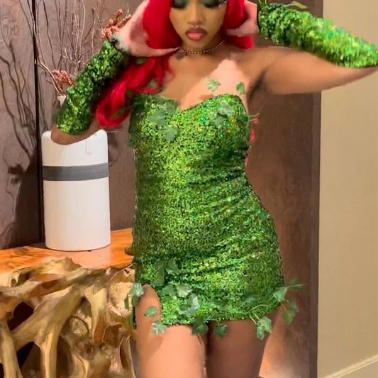 Green Sparkling Glitter Sequin Leaf Embroidered Off-the-Shoulder Formal Mini Party/Prom Dress to 3X Plus Size