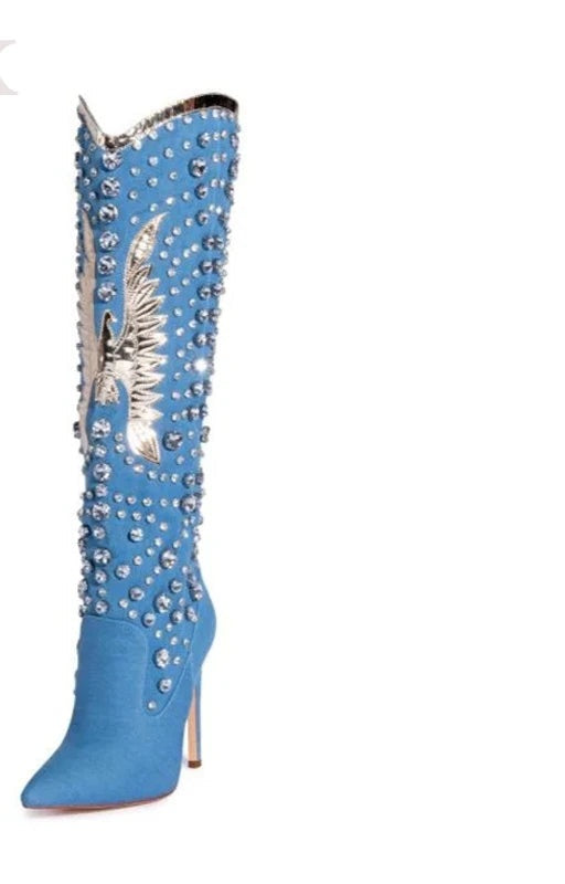Baby Blue Rhinestone Embellished Pointed Toe Stiletto Glitter Crystal Western Cowgirl Knee-High Boots