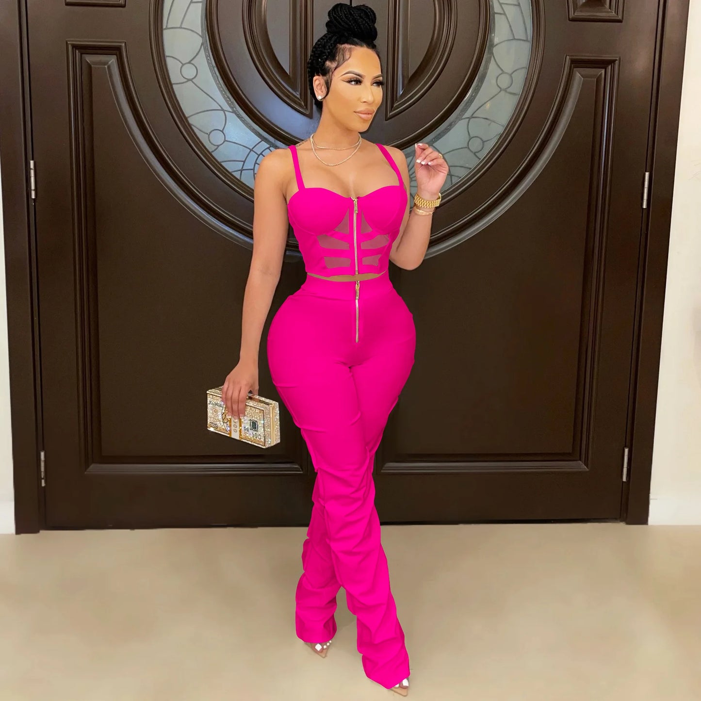 Corset Top Hollow-Out Zipper Front Cropped Tank Top + Stacked Zipper Front Pants Women's 2-Piece Set
