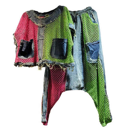 Mesh Net Tassel Fringe Hem Colorblock Denim Patchwork Contrast Crop Top + Women's Pocketed + Streetwear Elastic Waist Cargo Harem Pants 2-Piece Set