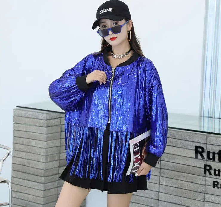 Sparkling Sequin Long Sleeve Fringe Tassel Patchwork O-Neck Streetwear Hip-Hop Women's Bomber Jacket